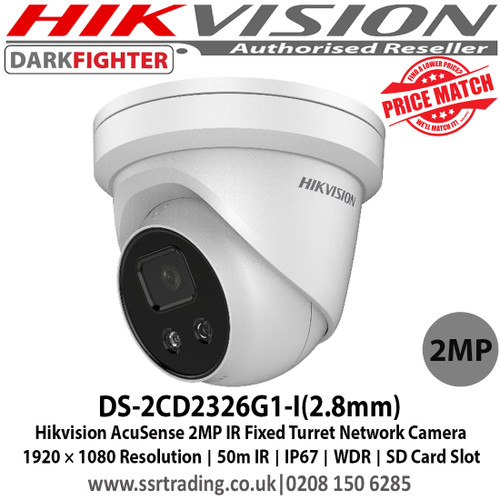 Hikvision  DS-2CD2326G1-I 2MP AcuSense Darfighter IR Fixed Turret Network Camera with 2.8mm fixed lens, Up to 50m IR range, IP67, False alarm reduction by human and vehicle target classification, Support on-board storage, up to 128 GB