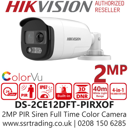 Hikvision DS-2CE12DFT-PIRXOF 2MP PIR Siren Full Time Color Camera with 3.6mm fixed lens, 40m white light distance, 24-hour color image, iIP67,  Built-in siren,  strobe light alarm,  4 in 1 video output (switchable TVI/AHD/CVI/CVBS) 