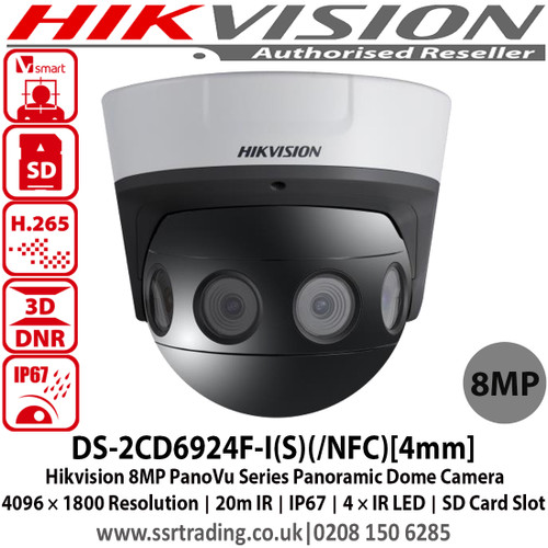 Hikvision 8MP PanoVu Series Panoramic Darkfighter Dome Camera with 4 × IR LEDs, up to 20 m IR distance, IP67, 6 behavior analyses, audio exception detection and face detection - DS-2CD6924F-I(S)(/NFC)[4mm]