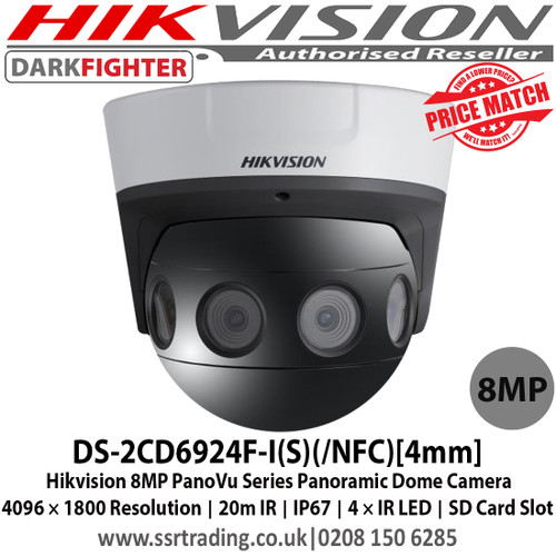 Hikvision DS-2CD6924F-I(S)(/NFC)[4mm] 8MP PanoVu Series Panoramic Darkfighter Dome Camera with 4 × IR LEDs, up to 20 m IR distance, IP67, 6 behavior analyses, audio exception detection and face detection 