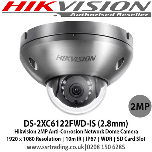 HIkvision - 2MP Anti-Corrosion Network Dome Camera with 2.8mm fixed lens, IR range: 10m,IP67, 120dB Wide Dynamic Range, Three video streams, 6 behavior analyses, Anti-Corrosion Standard: WF-2, NEMA 4X, C5-M - DS-2XC6122FWD-IS