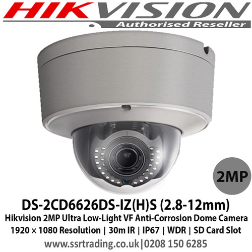 Hikvision - 2MP Ultra Low-Light Anti-Corrosion Dome Camera with 2.8-12mm Varifocal lens, IR distance 10 to 30 m, IP 67, 120 dB wide dynamic range, Anti-corrosion standard: WF2, C5-M, NEMA-4XMA 4X, On-board storage, up to 128 GB - DS-2CD6626DS-IZ(H)S