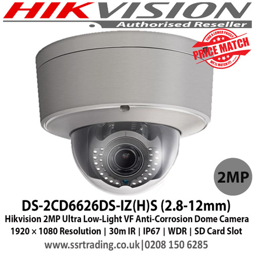 Hikvision DS-2CD6626DS-IZ(H)S 2MP Ultra Low-Light Anti-Corrosion Dome Camera with 2.8-12mm Varifocal lens, IR distance 10 to 30 m, IP 67, 120 dB wide dynamic range, Anti-corrosion standard: WF2, C5-M, NEMA-4XMA 4X, On-board storage, up to 128 GB 