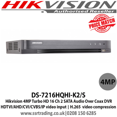 Hikvision DS-7216HQHI-K2/S 4MP Turbo HD 16 Channel 2 SATA Audio over coax DVR, HDTVI/AHD/CVI/CVBS/IP video input, Max. 800 m for 1080p and 1200 m for 720p HDTVI signal transmission, Up to 10 TB capacity per HDD 