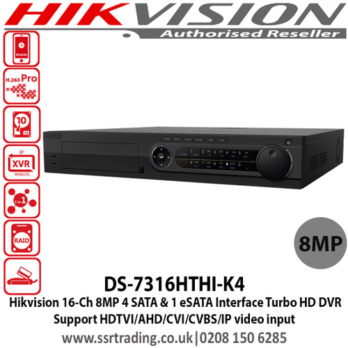 Hikvision 16 Channel Turbo HD 8MP DVR with 4 SATA interfaces and 1 eSATA interface, Support HDTVI/AHD/CVI/CVBS/IP video input, H.265 video compression, Support POS triggered recording and POS information overlay - DS-7316HTHI-K4