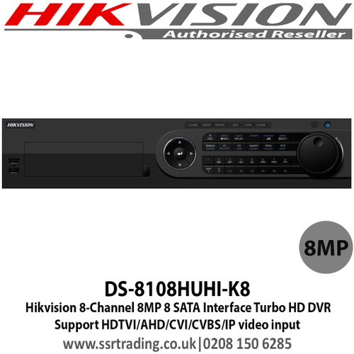 Hikvision - 8 Channel Turbo HD 8MP DVR with 8 SATA Interface, H.265 video compression, HDTVI/AHD/CVI/CVBS/IP, Max 800 m for 1080p and 1200 m for 720p HDTVI signal, Support POS triggered recording and POS information overlay - DS-8108HUHI-K8