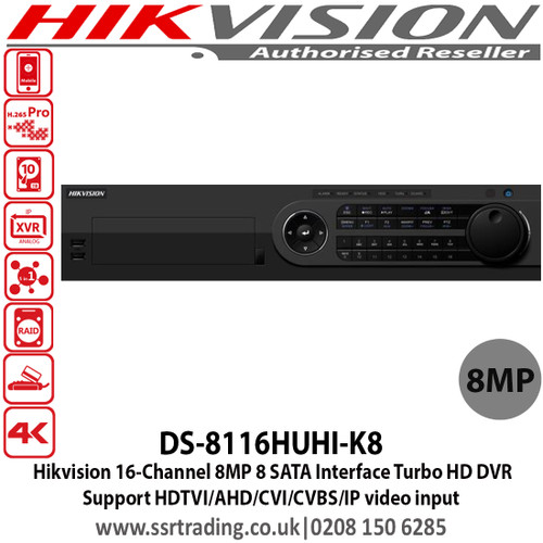 Hikvision 16 Channel Turbo HD 8MP DVR with 8 SATA Interface, H.265 video compression, HDTVI/AHD/CVI/CVBS/IP, Max 800 m for 1080p and 1200 m for 720p HDTVI signal, Support POS triggered recording and POS information overlay - DS-8116HUHI-K8