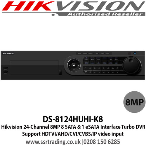Hikvision - 24 Channel Turbo HD 8MP DVR with 8 SATA interfaces and 1 eSATA interface, HDTVI/AHD/CVI/CVBS/IP, Max 800 m for 1080p and 1200 m for 720p HDTVI signal, Support POS triggered recording and POS information overlay - DS-8124HUHI-K8