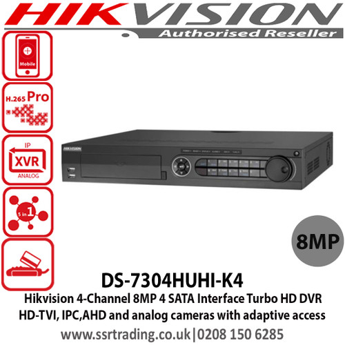 Hikvision 4 Channel Turbo HD 8MP Hybrid DVR with 4 SATA Interface, H.264 ,H.264+& Dual-stream video compression, Support  HD-TVI, IPC,AHD and analog cameras with adaptive access, Support POS functions - DS-7304HUHI-K4