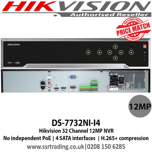 Hikvision 32 Channel 12MP NVR with 4 SATA HDD interface up to 6TB each, Push notification,  No PoE - DS-7732NI-I4