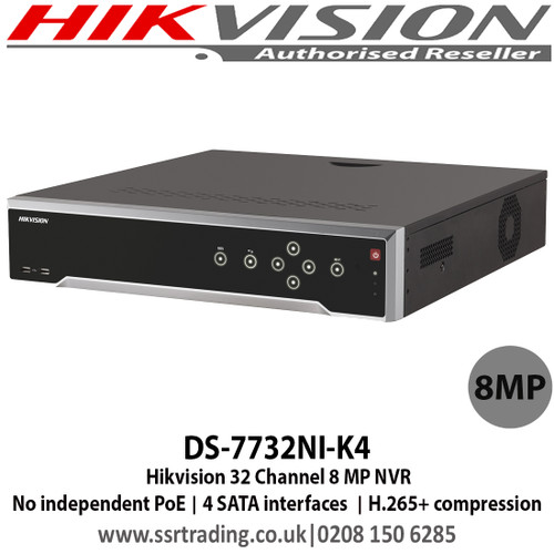 Hikvision - 32 Channel 8 MP NVR with 4 SATA interfaces, H.265 Video Compression, VCA detection alarm is supported, No PoE - DS-7732NI-K4