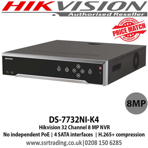 Hikvision 32 Channel 8 MP NVR with 4 SATA interfaces, H.265 Video Compression, VCA detection alarm is supported, No PoE - DS-7732NI-K4