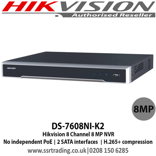 Hikvision DS-7608NI-K2 8 Channel 8 MP NVR with 2 SATA interfaces connectable for recording and backup, 1 self-adaptive 10 M/100 M/1000 Mbps network interface 