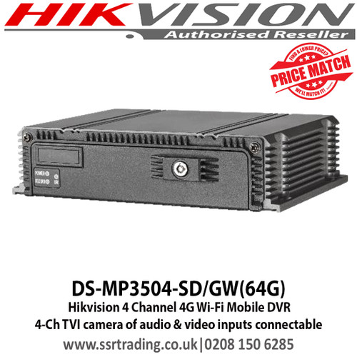 Hikvision 4 Channel 4G Wi-Fi Mobile DVR with 4-ch TVI camera of audio & video inputs connectable, 2 SD cards accessible. Up to 128 GB capacity for each, Built-in GPS - DS-MP3504-SD/GW(64G)