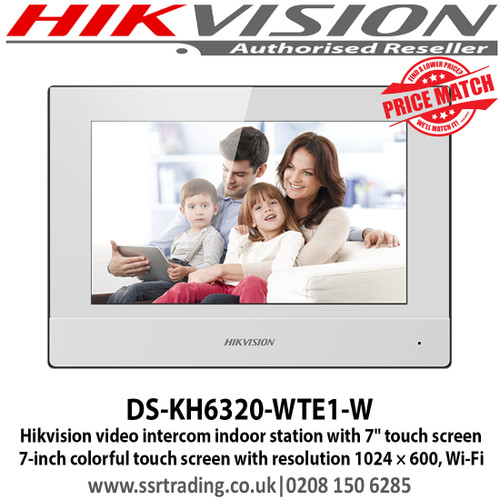 Hikvision DS-KH6320-WTE1-W video intercom indoor station with 7" touch screen, Standard PoE, Supports WiFi