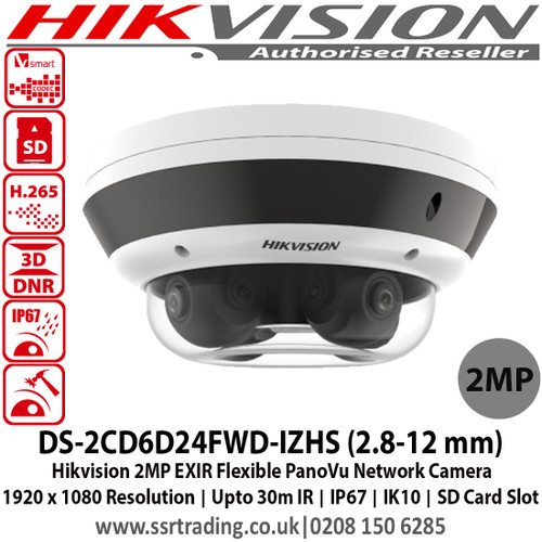 Hikvision 2MP EXIR Flexible PanoVu Network camera with 2.8 - 12mm varifocal lens, Up to 10 to 30m IR distance, H.265+ compression, Audio line in & alarm I/O, IP67 weatherproof, Vandal resistant up to IK10 - DS-2CD6D24FWD-IZHS