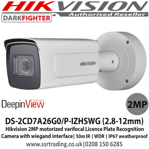 Hikvision DS-2CD7A26G0/P-IZHSWG 2MP motorized varifocal Licence Plate Recognition camera with wiegand interface, 2.8 - 12mm varifocal lens, Up to 50m IR distance, IP67 weatherproof, Supports on board storage (up to 256GB) 