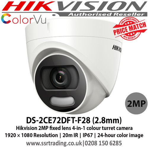 Hikvision 2MP fixed lens colour turret camera with 2.8mm lens, Up to 20m white light distance, IP67 weatherproof, 24-hour colour image, 130dB wide dynamic range, 4 in 1, can be used as TVI, CVI, AHD or Analogue camera - DS-2CE72DFT-F28