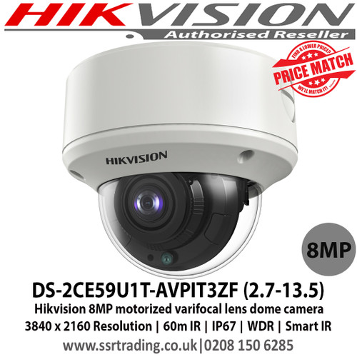 Hikvision 8MP motorized varifocal lens dome camera with 8MP high resolution (4K), 2.7 - 13.5mm motorized varifocal lens, Up to 60m IR distance, IP67 weatherproof, 4 in 1, can be used as TVI, CVI, AHD or Analogue camera - DS-2CE59U1T-AVPIT3ZF