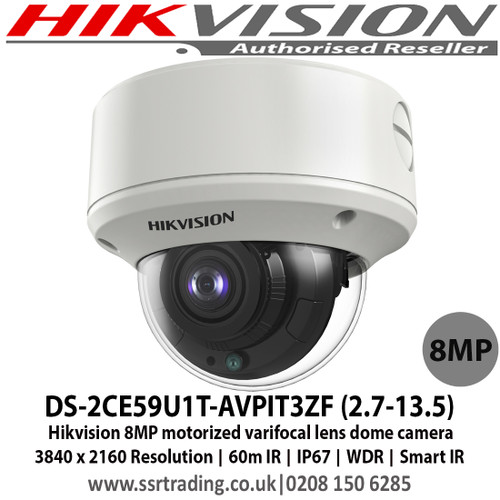 Hikvision DS-2CE59U1T-AVPIT3ZF 8MP motorized varifocal lens dome camera with 4K high resolution, 2.7 - 13.5mm motorized varifocal lens, Up to 60m IR distance, IP67 weatherproof, 4 in 1, can be used as TVI, CVI, AHD or Analogue camera 