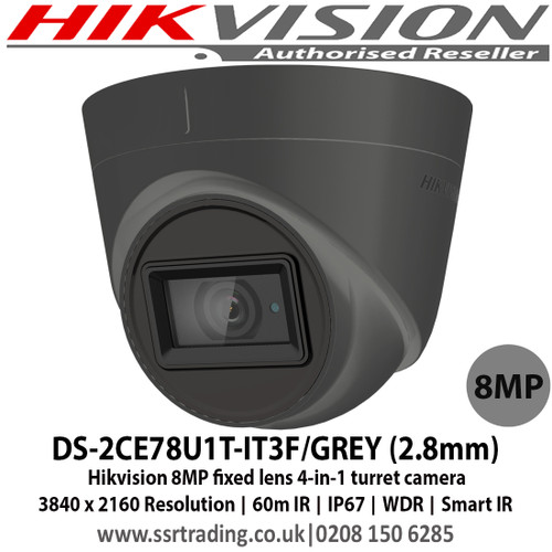 Hikvision 8MP fixed lens turret camera with 8MP high resolution (4K), 2.8mm fixed lens, Up to 60m IR distance, IP67 weatherproof, 4 in 1, can be used as TVI, CVI, AHD or Analogue camera - DS-2CE78U1T-IT3F/GREY