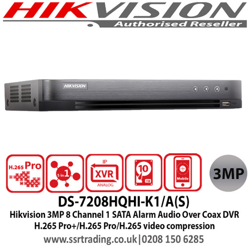 Hikvision DS-7208HQHI-K1/A(S) 3MP 8 Channel 1 SATA Alarm Audio Over Coax DVR, H.265 Pro+/H.265 Pro/H.265 video compression 