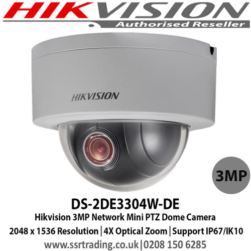 Hikvision 3MP Network Mini PTZ Dome Camera, 2048 x 1536 Resolution, 4X Optical Zoom, Support IP67/IK10 (DS-2DE3304W-DE)