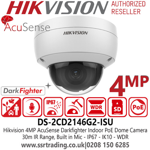 Hikvision DS-2CD2146G2-ISU 4MP AcuSense IR 2.8mm Fixed Lens Darkfighter Dome Network Camera, 30m IR, built-in microphone, IP67 IK 10, Built-in micro SD slot, up to 256 GB 