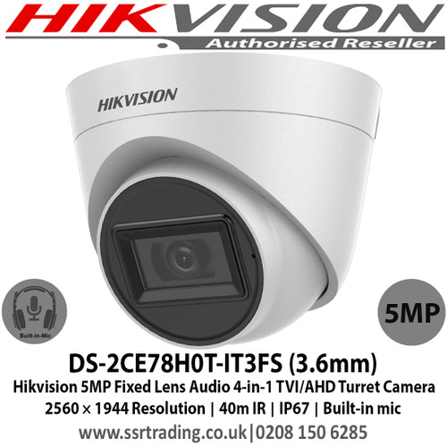 Hikvision DS-2CE78H0T-IT3FS 5MP 3.6mm fixed lens 40m IR IP67 Smart IR Audio over coaxial cable, Built-in mic, 4-in-1 video output (switchable TVI/AHD/CVI/CVBS) 