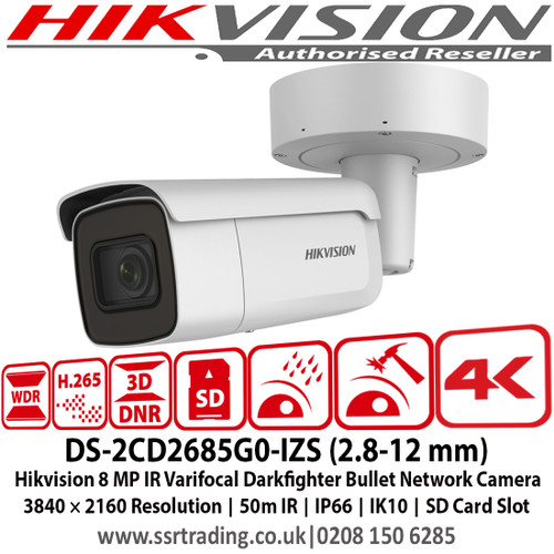 Hikvision 8MP IR Varifocal Darkfighter Bullet Network Camera, 3840 × 2160 Resolution, 50m IR, IP66, IK10, SD Card Slot - DS-2CD2685G0-IZS (2.8-12 mm)  