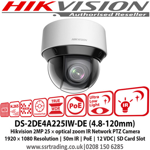 Hikvision DS-2DE4A225IW-DE 2MP 25 × optical zoom IR Network PTZ Camera 1920 × 1080 Resolution, 50m IR, PoE, 12 VDC, Built-in memory card slot, support microSD/SDHC/SDXC