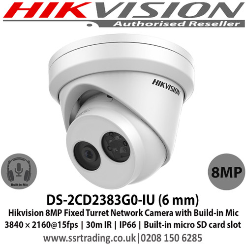 Hikvision 4K/8MP 6mm Fixed lens Turret Network Camera with Build-in Mic 3840 × 2160@15fps, 30m IR , IP66, Built-in micro SD card slot - DS-2CD2383G0-IU (6 mm)