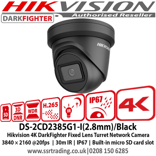Hikvision - DS-2CD2385G1-I(2.8mm)/Black 4K DarkFighter Fixed Lens 8MP Turret Network Camera 3840 × 2160 @20fps, 30m IR, IP67, Built-in micro SD card slot 