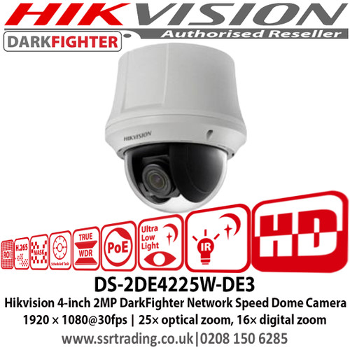 Hikvision DS-2DE4225W-DE3 2 MP 4-inch DarkFighter Network Speed Dome Camera, 1920 × 1080@30fps, 25× optical zoom, 16× digital zoom