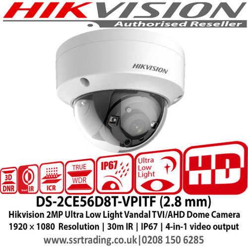 Hikvision 2MP Ultra Low Light Vandal 4-in-1 Dome Camera IP67, IK10, 30m IR, IP67, switchable TVI/AHD/CVI/CVBS - DS-2CE56D8T-VPITF (2.8 mm)  