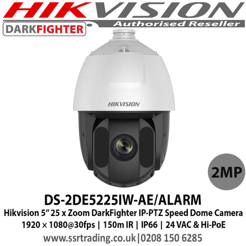 Hikvision DS-2DE5225IW-AE/ALARM 2MP 25 x Zoom DarkFighter 5-inch Network PTZ Speed Dome Camera, 1920 × 1080@30fps, 150m IR, IP66, 24 VAC & Hi-PoE 