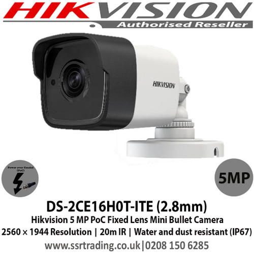 Hikvision 5MP PoC Fixed Lens Mini Bullet Camera 2560 × 1944 Resolution, 20m IR, Water and dust resistant (IP67) - DS-2CE16H0T-ITE (2.8mm)