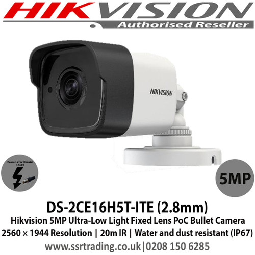 Hikvision DS-2CE16H5T-ITE 5MP Ultra-Low Light 2.8mm Fixed Lens PoC Bullet Camera 2560 × 1944 Resolution, 20m IR, Water and dust resistant (IP67) 