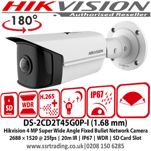 Hikvision 4MP Super Wide Angle Fixed Lens Bullet Network Camera, 2688 × 1520 @ 25fps, 20m IR, IP67, WDR, SD Card Slot - DS-2CD2T45G0P-I (1.68 mm)  