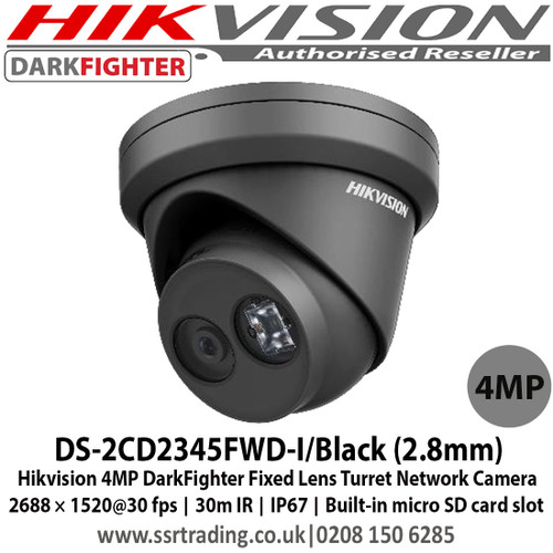 Hikvision DS-2CD2345FWD-I/Black 4MP DarkFighter 2.8mm Fixed Lens Turret Network Camera, 2688 × 1520@30 fps, 30m IR, IP67, Built-in micro SD/SDHC/SDXC card slot 