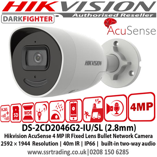 Hikvision 4MP AcuSense Strobe Light and Audible Warning Fixed Lens Darkfighter Mini Bullet Network Camera, 2592 × 1944 Resolution, 40m IR, IP66, built-in two-way audio - DS-2CD2046G2-IU/SL(2.8mm)