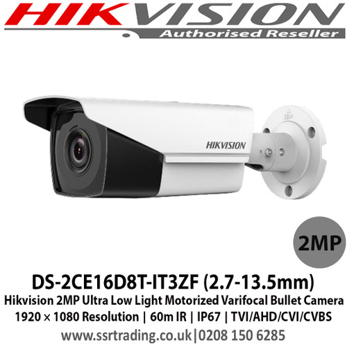 Hikvision DS-2CE16D8T-IT3ZF (2.7-13.5mm) 2MP Ultra Low Light Motorized Varifocal Bullet Camera 1920 × 1080 Resolution, 60m IR, IP67, TVI/AHD/CVI/CVBS   