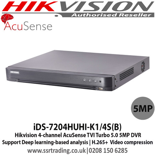 Hikvision iDS-7204HUHI-K1/4S(B) 4-channel AcuSense TVI Turbo 5.0 5MP DVR Support Deep learning-based analysis, H.265+  Video compression 