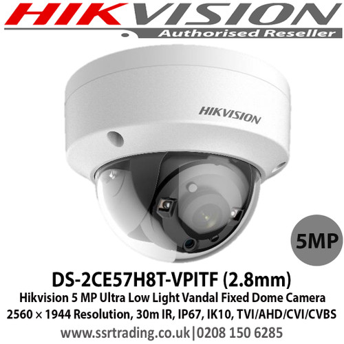 Hikvision DS-2CE57H8T-VPITF (2.8mm)  5 MP Ultra Low Light Vandal Fixed Dome Camera, 2560 × 1944 Resolution, 30m IR, IP67, IK10, TVI/AHD/CVI/CVBS