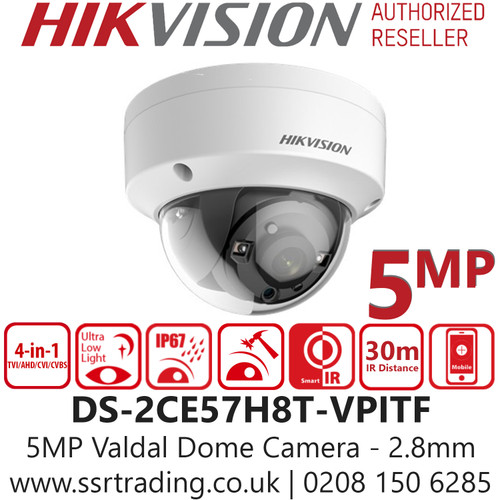Hikvision DS-2CE57H8T-VPITF (2.8mm)  5 MP Ultra Low Light Vandal Fixed Dome Camera, 2560 × 1944 Resolution, 30m IR, IP67, IK10, TVI/AHD/CVI/CVBS