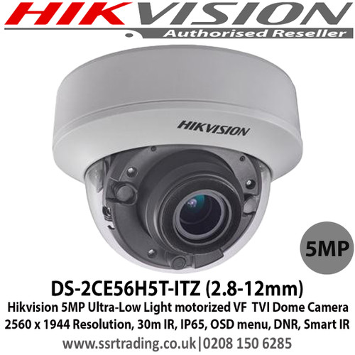 Hikvision DS-2CE56H5T-ITZ (2.8-12mm)  5MP Ultra-Low Light motorized VF  TVI Dome Camera 2560 x 1944 Resolution, 30m IR, IP65, OSD menu, DNR, Smart IR