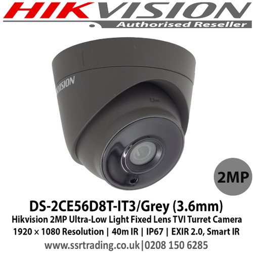 Hikvision DS-2CE56D8T-IT3/Grey (3.6mm) 2MP Ultra-Low Light Fixed Lens TVI Turret Camera, 1920 × 1080 Resolution, 40m IR, IP67, EXIR 2.0, Smart IR