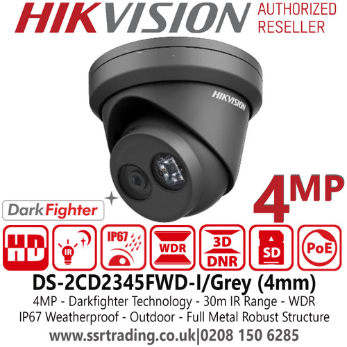 Hikvision 4MP 4mm Fixed Lens Darkfighter Network Grey Turret Camera, 30m IR Distance, IP67 Weatherproof, 120dB WDR, Built-In Micro SD/SDHC/SDXC Card Slot, PoE -DS-2CD2345FWD-I(4mm)/G 