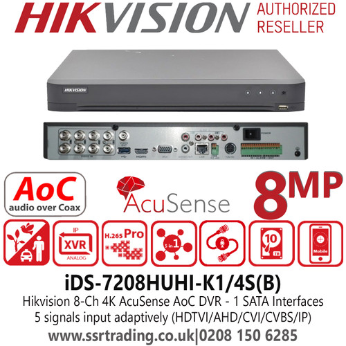 Hikvision IDS-7208HUHI-K1/4S(B) 8 Channel AcuSense AoC TVI Turbo 5.0 8MP DVR, Connectable to HD-TVI, AHD, IP, CVI & analogue cameras 