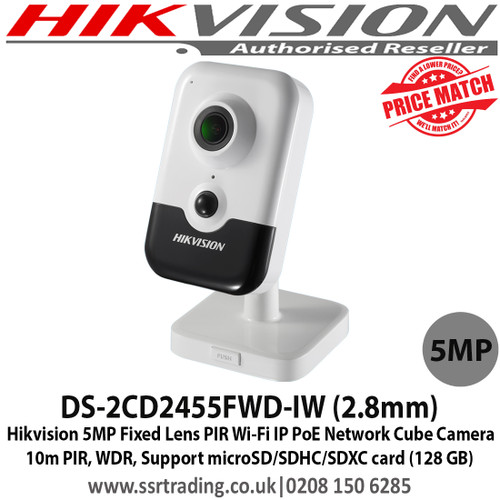 Hikvision DS-2CD2455FWD-IW 5MP 2.8mm Fixed Lens IP PoE Network Cube Camera, 10m PIR, WDR, Wi-Fi, Built-in Micro SD/SDHC/SDXC slot 